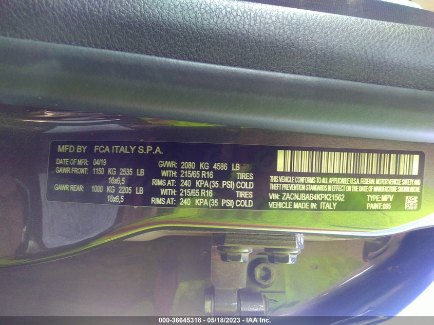 VIN ZACNJBAB4KPK21562 2019 JEEP RENEGADE SPORT
