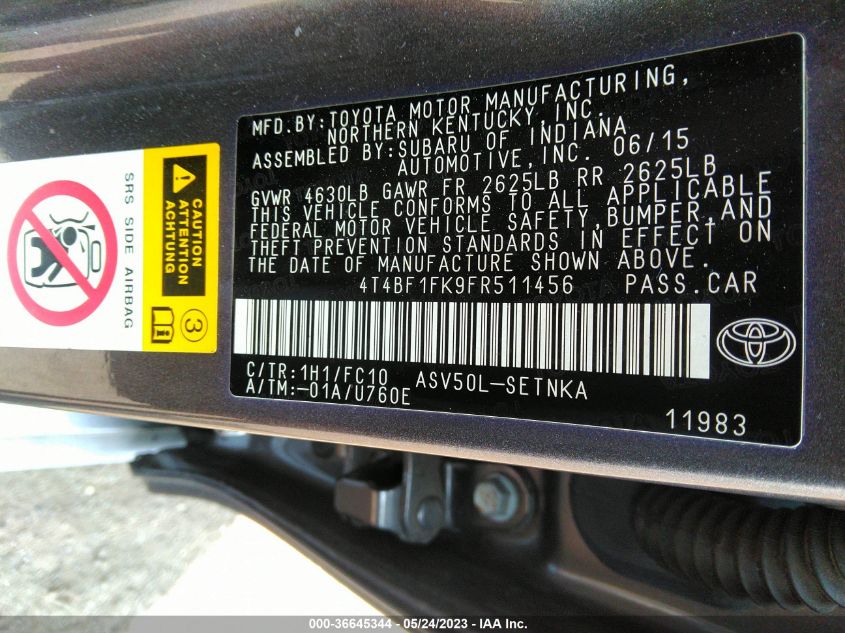 2015 TOYOTA CAMRY XLE/SE/LE/XSE - 4T4BF1FK9FR511456