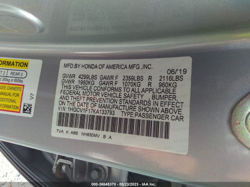 2019 HONDA ACCORD SEDAN LX 1.5T - 1HGCV1F17KA133793