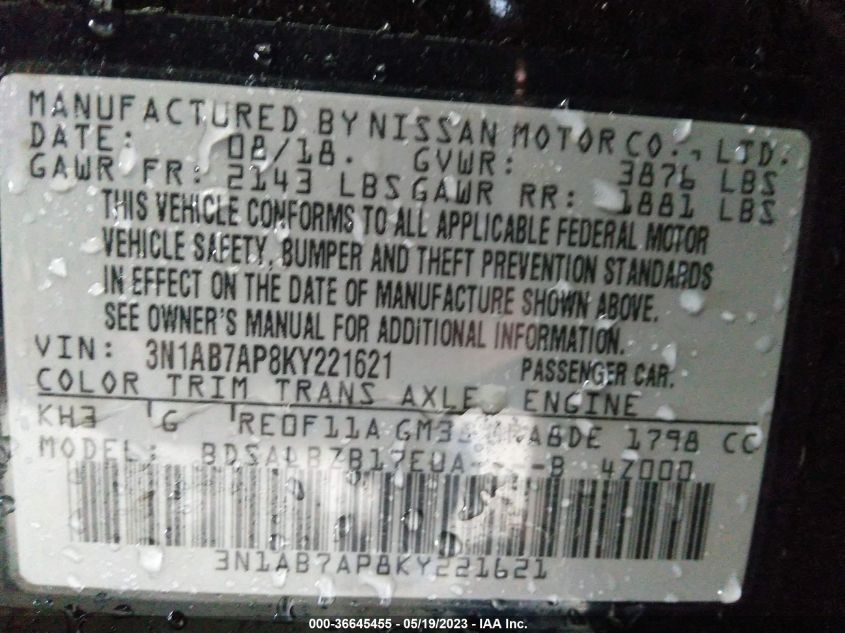 2019 NISSAN SENTRA S - 3N1AB7AP8KY221621