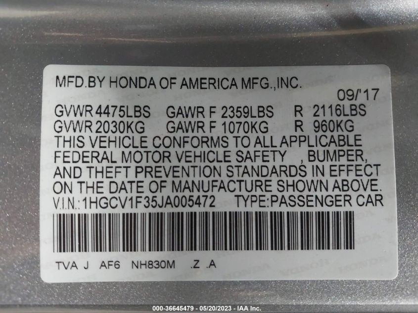 2018 HONDA ACCORD SEDAN SPORT 1.5T - 1HGCV1F35JA005472