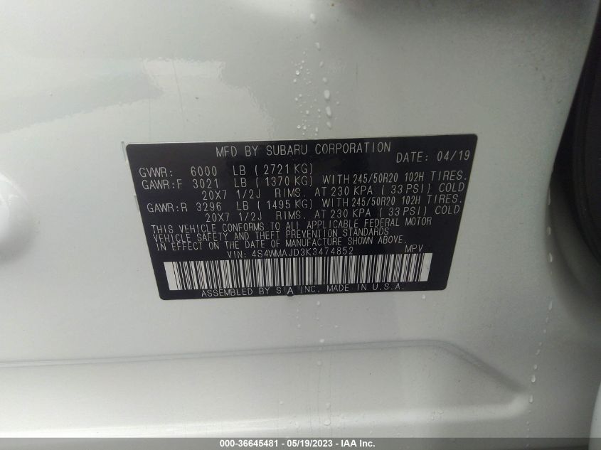 2019 SUBARU ASCENT LIMITED - 4S4WMAJD3K3474852