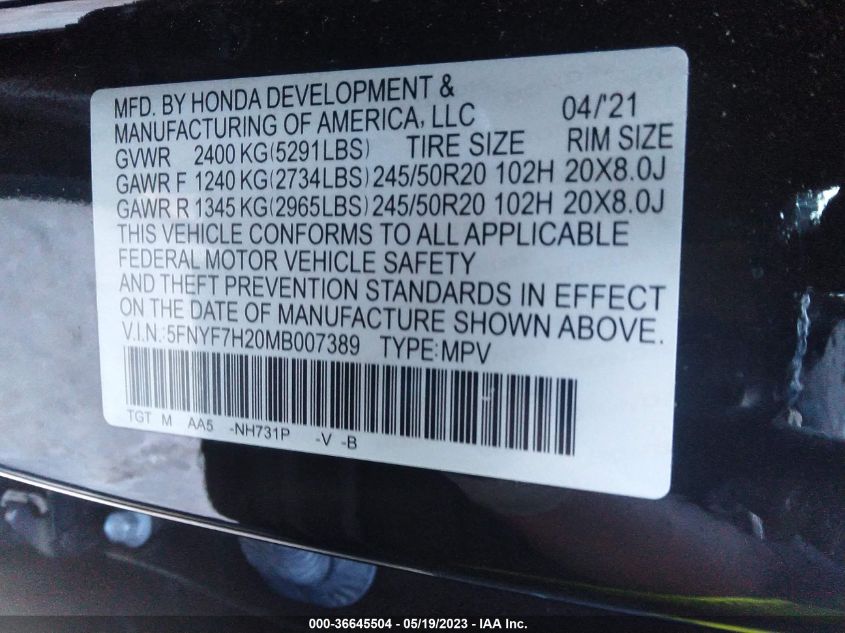 2021 HONDA PASSPORT SPORT 5FNYF7H20MB007389