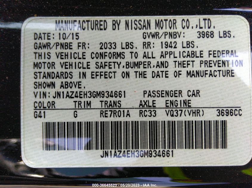 2016 NISSAN 370Z TOURING - JN1AZ4EH3GM934661