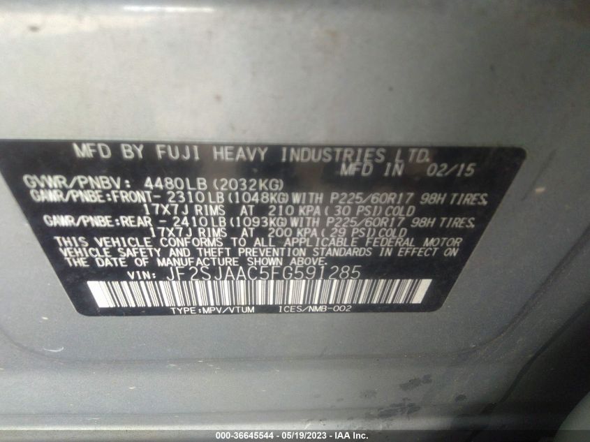 2015 SUBARU FORESTER 2.5I - JF2SJAAC5FG591285