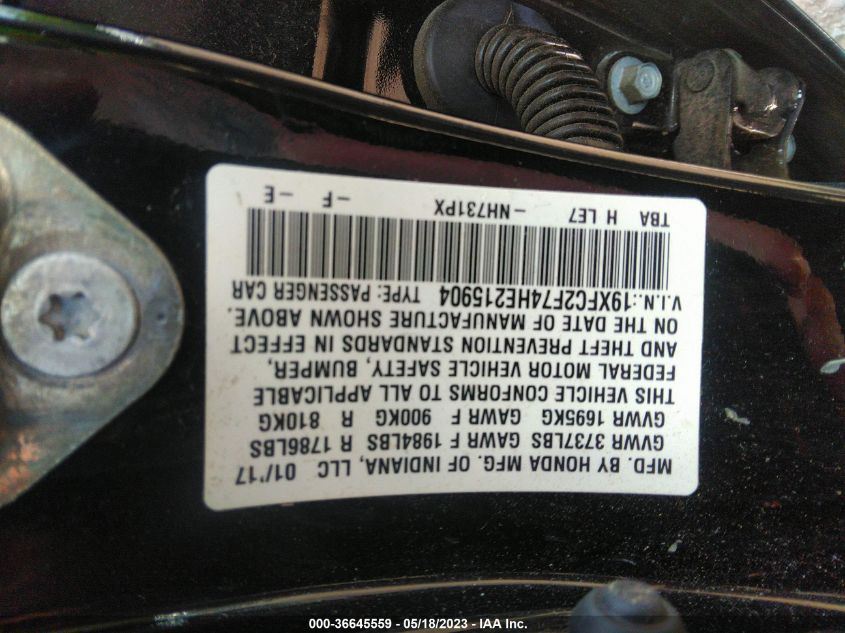 2017 HONDA CIVIC SEDAN EX - 19XFC2F74HE215904