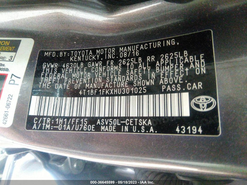 Auction sale of the 2017 TOYOTA CAMRY , vin: 4T1BF1FKXHU301025, lot number: 36645599