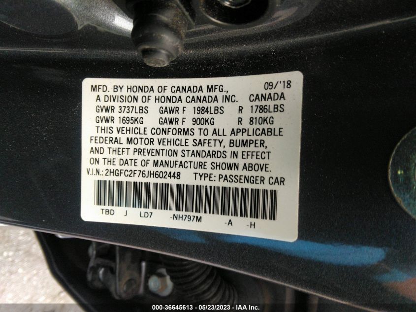 2018 HONDA CIVIC SEDAN EX - 2HGFC2F76JH602448