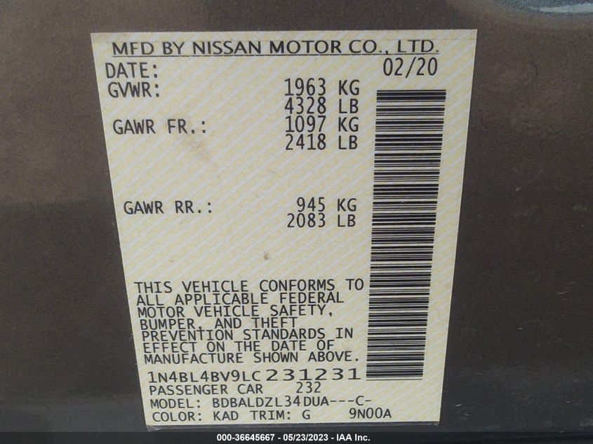 2020 NISSAN ALTIMA 2.5 S - 1N4BL4BV9LC231231