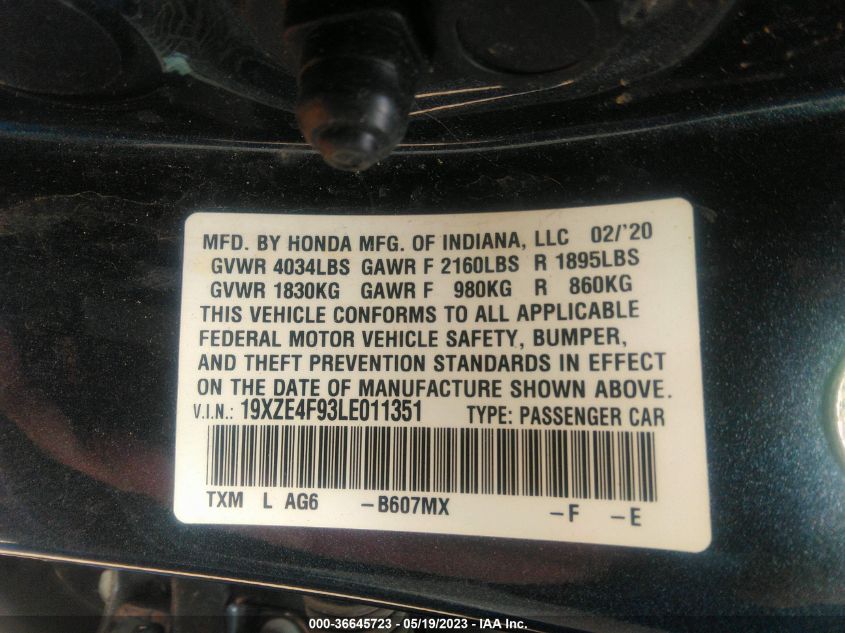 2020 HONDA INSIGHT TOURING 19XZE4F93LE011351