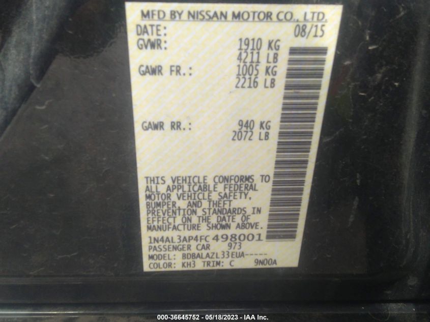 2015 NISSAN ALTIMA 2.5 - 1N4AL3AP4FC498001