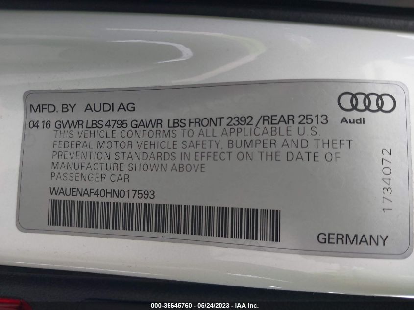2017 AUDI A4 PREMIUM PLUS - WAUENAF40HN017593