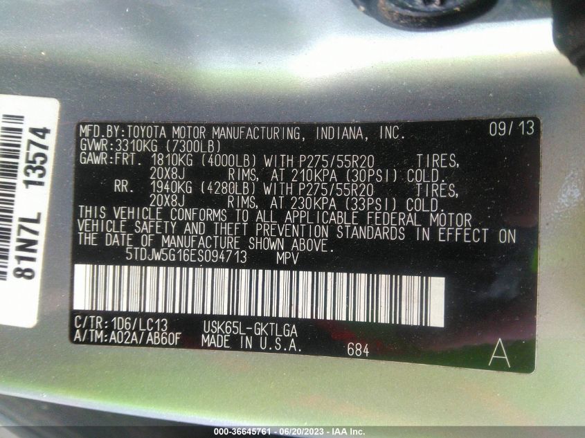 2014 TOYOTA SEQUOIA LIMITED 5TDJW5G16ES094713