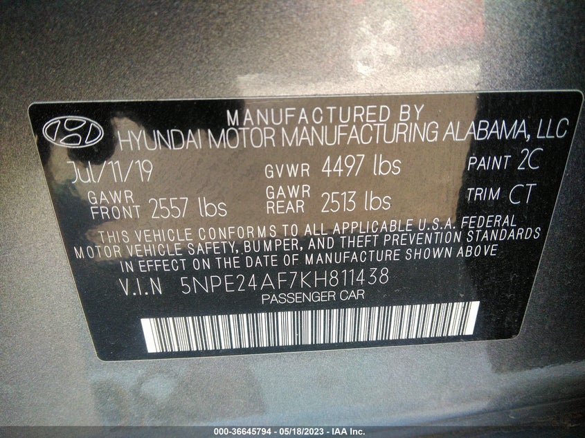 VIN 5NPE24AF7KH811438 2019 HYUNDAI SONATA SE