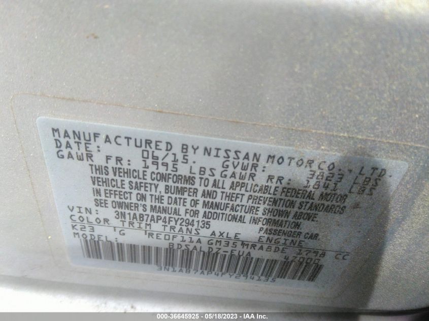 2015 NISSAN SENTRA SV - 3N1AB7AP4FY294135