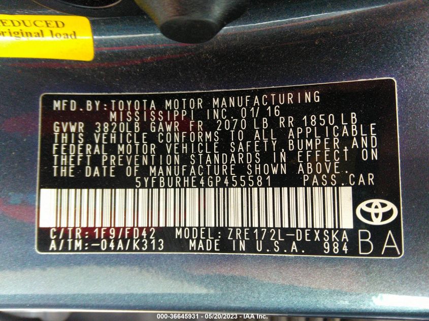 2016 TOYOTA COROLLA L/LE/S/S PLUS/LE PLUS - 5YFBURHE4GP455581