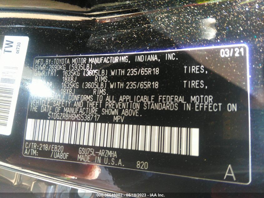 2021 TOYOTA HIGHLANDER XLE - 5TDGZRBH6MS538717