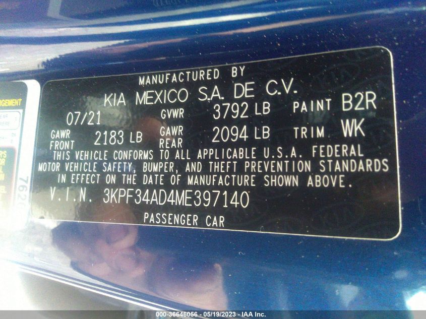 2021 KIA FORTE GT-LINE - 3KPF34AD4ME397140