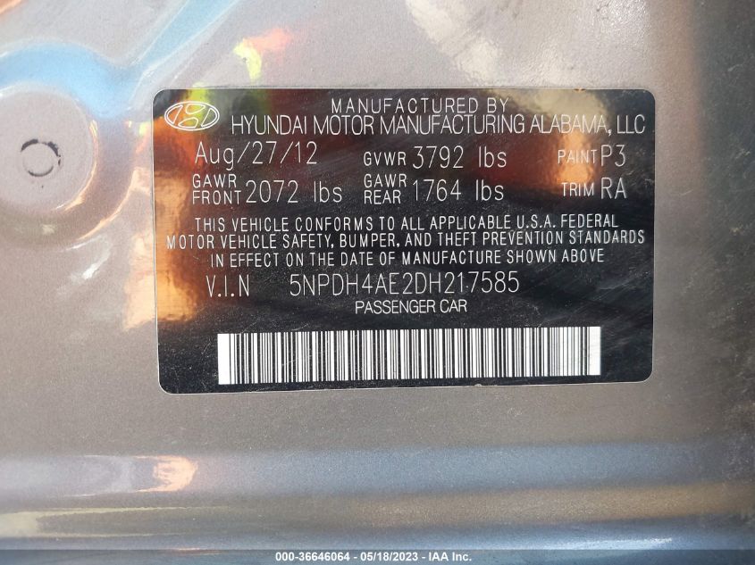 2013 HYUNDAI ELANTRA LIMITED - 5NPDH4AE2DH217585