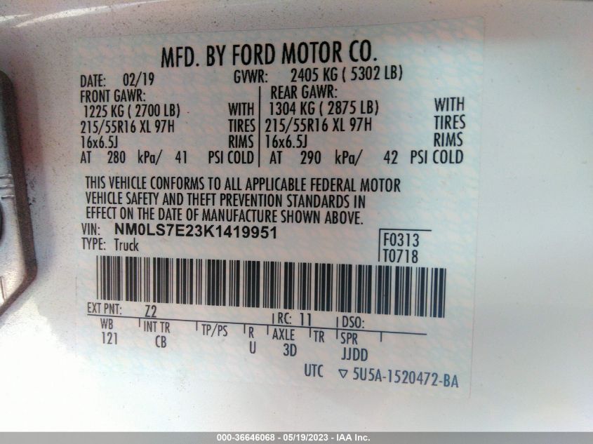2019 FORD TRANSIT CONNECT VAN XL - NM0LS7E23K1419951