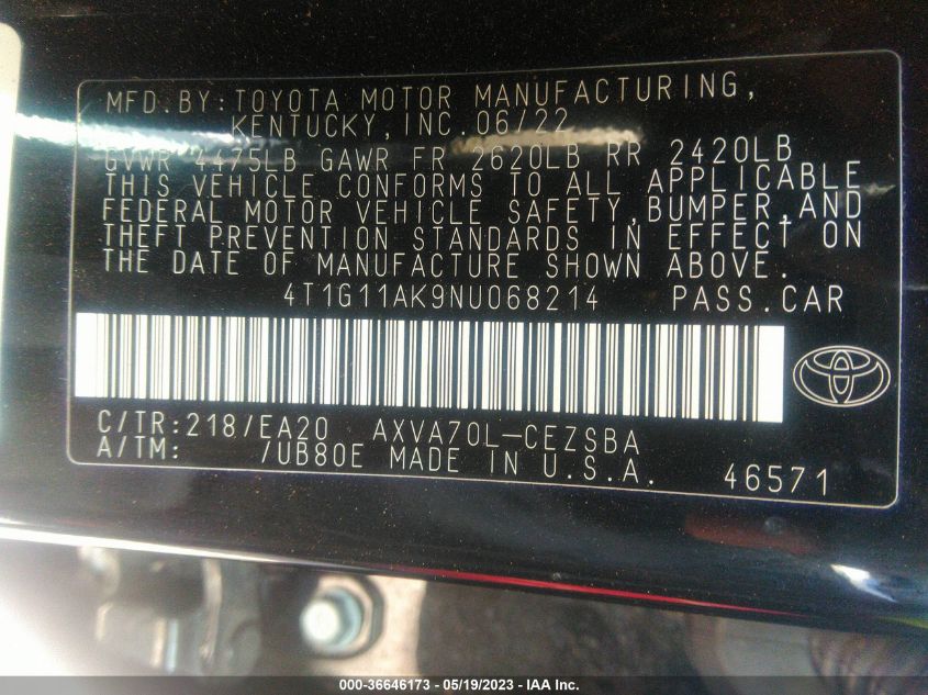 2022 TOYOTA CAMRY SE - 4T1G11AK9NU068214