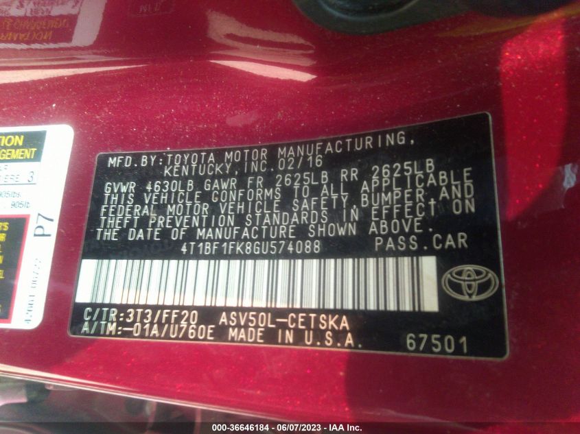 2016 TOYOTA CAMRY LE/XLE/SE/XSE - 4T1BF1FK8GU574088