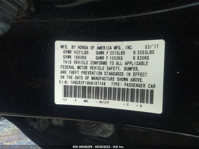 2017 HONDA ACCORD SEDAN SPORT SE - 1HGCR2F18HA197148