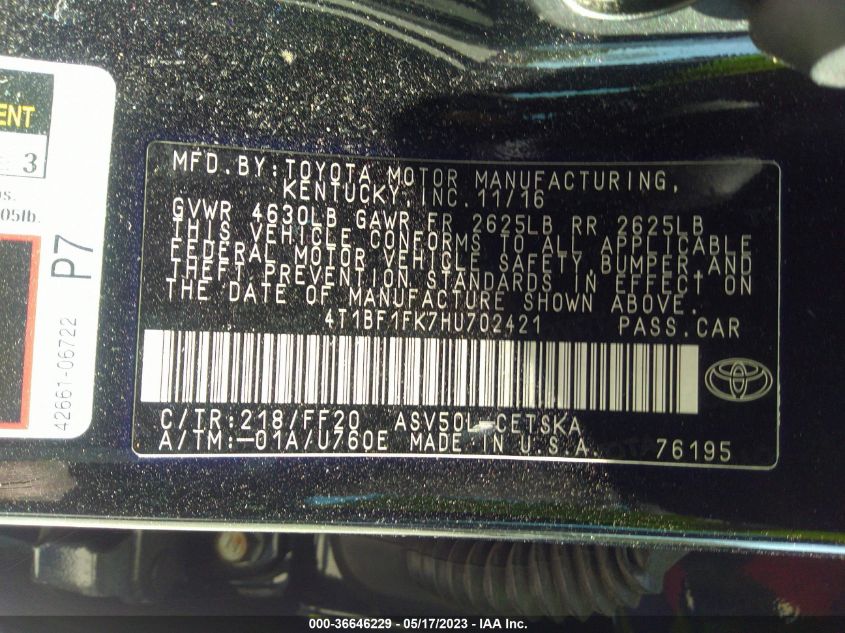 2017 TOYOTA CAMRY XLE/SE/LE/XSE - 4T1BF1FK7HU702421