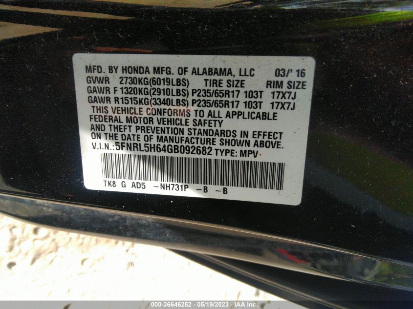 2016 HONDA ODYSSEY EX-L - 5FNRL5H64GB092682