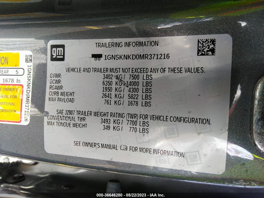 2021 CHEVROLET TAHOE LT - 1GNSKNKD0MR371216