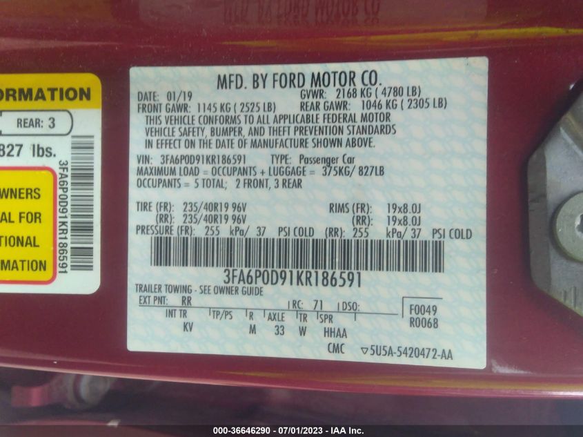 2019 FORD FUSION TITANIUM - 3FA6P0D91KR186591