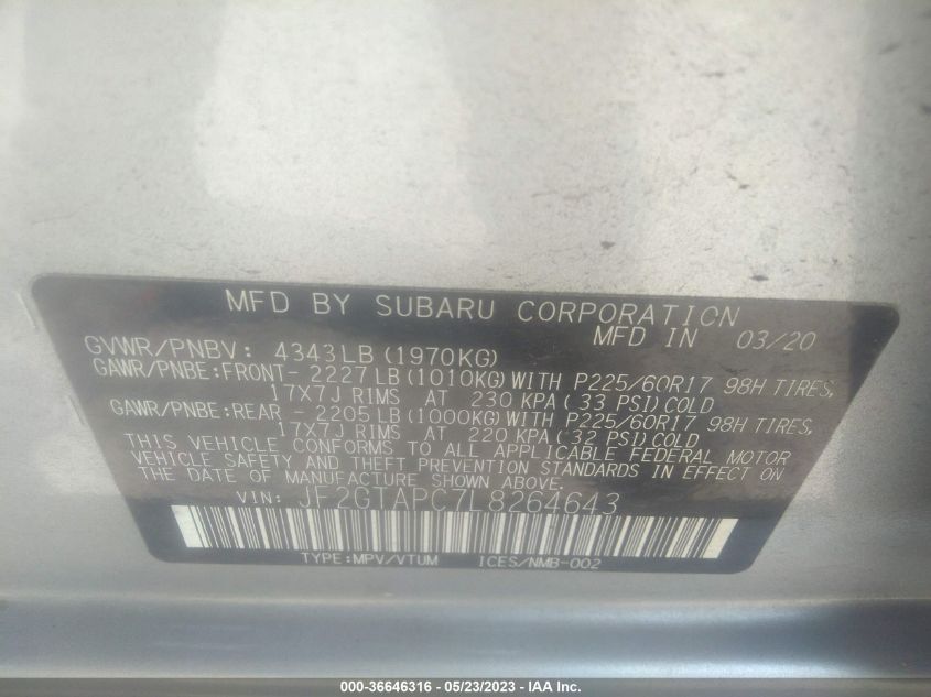 2020 SUBARU CROSSTREK PREMIUM - JF2GTAPC7L8264643