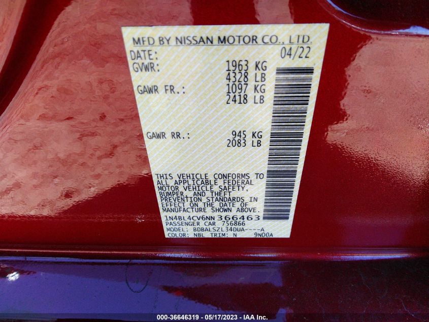 2022 NISSAN ALTIMA 2.5 SR - 1N4BL4CV6NN366463