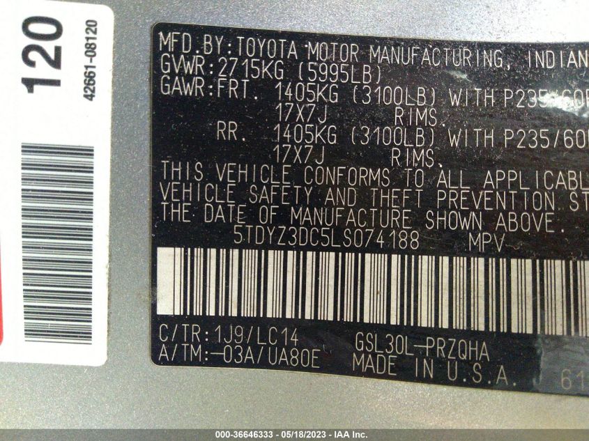 2020 TOYOTA SIENNA XLE AUTO ACCESS - 5TDYZ3DC5LS074188