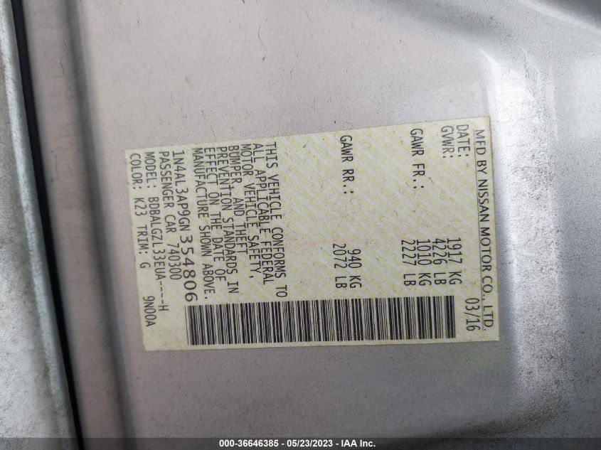 2016 NISSAN ALTIMA 2.5 S - 1N4AL3AP9GN354806