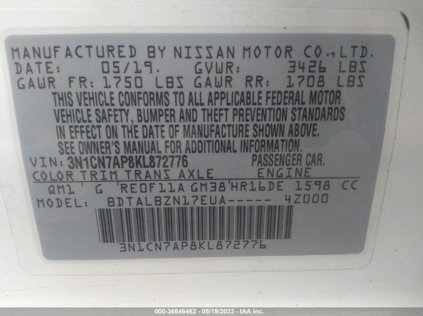 2019 NISSAN VERSA SEDAN SV - 3N1CN7AP8KL872776