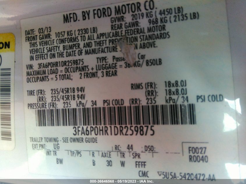 2013 FORD FUSION SE - 3FA6P0HR1DR259875