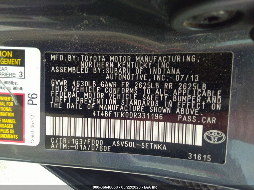2013 TOYOTA CAMRY L/LE/SE/XLE - 4T4BF1FK0DR331196