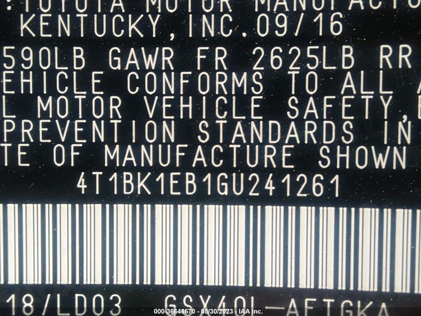 2016 TOYOTA AVALON LIMITED/TOURING/XLE - 4T1BK1EB1GU241261