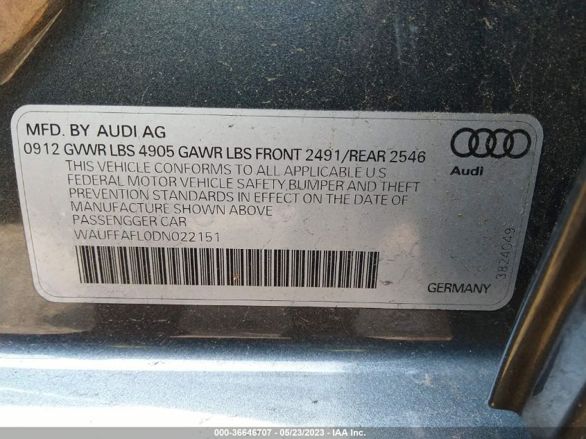 2013 AUDI A4 PREMIUM PLUS - WAUFFAFL0DN022151