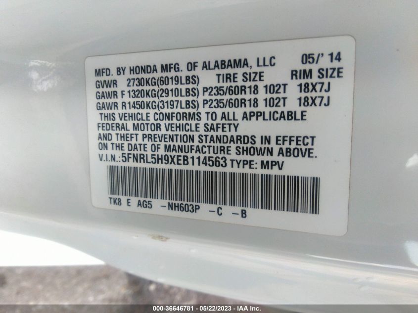 2014 HONDA ODYSSEY TOURING - 5FNRL5H9XEB114563