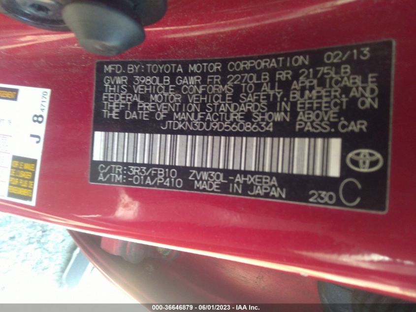 2013 TOYOTA PRIUS ONE/TWO/THREE/FOUR/FIVE - JTDKN3DU9D5608634