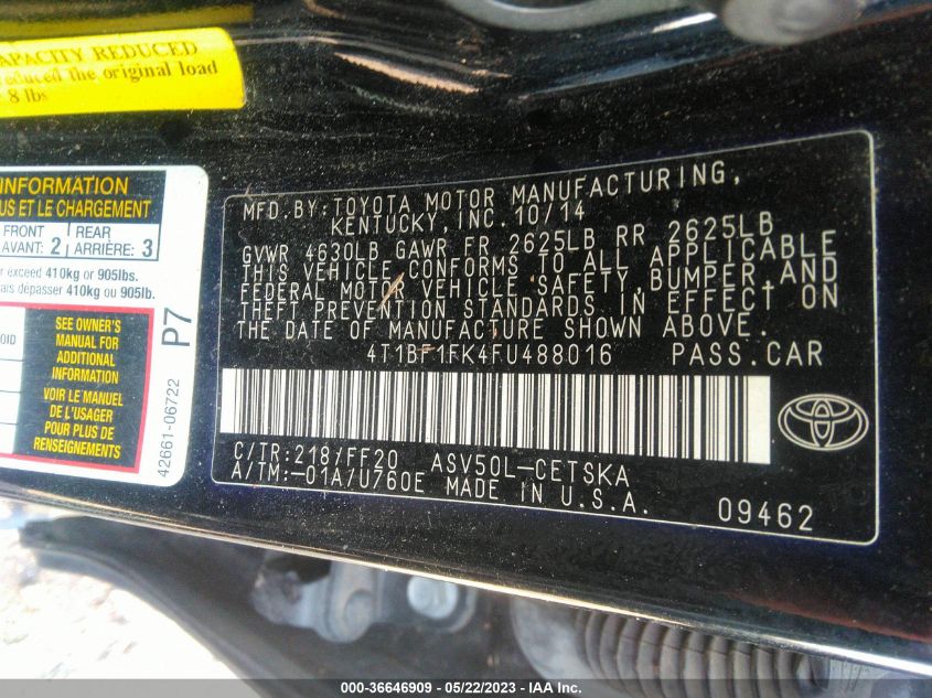 2015 TOYOTA CAMRY XLE/SE/LE/XSE - 4T1BF1FK4FU488016