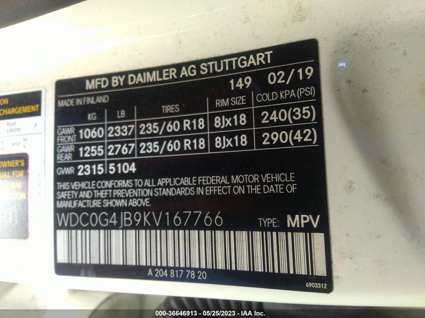 VIN WDC0G4JB9KV167766 2019 MERCEDES-BENZ GLC GLC 300