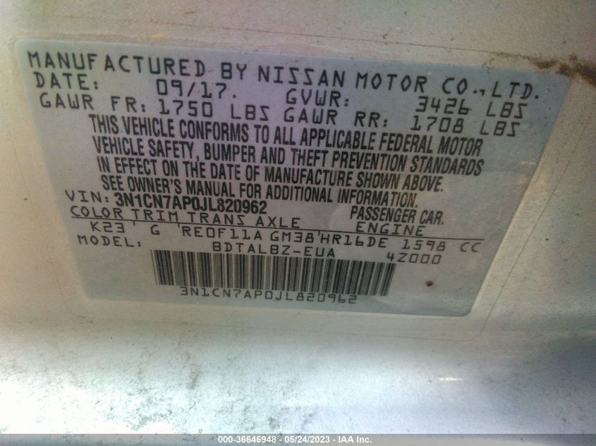 2018 NISSAN VERSA SEDAN SV - 3N1CN7AP0JL820962