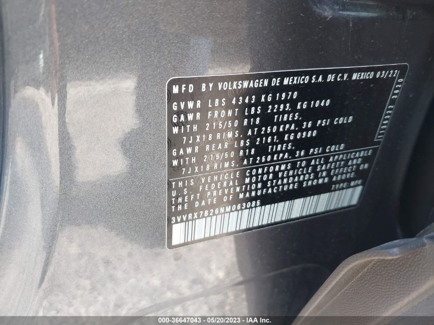 2022 VOLKSWAGEN TAOS SE - 3VVRX7B26NM063085