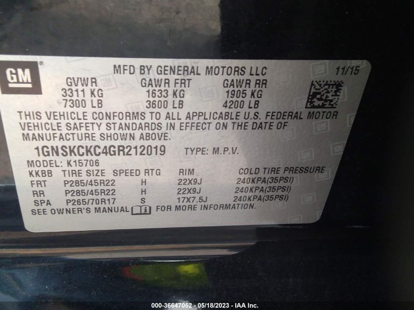 2016 CHEVROLET TAHOE LTZ - 1GNSKCKC4GR212019