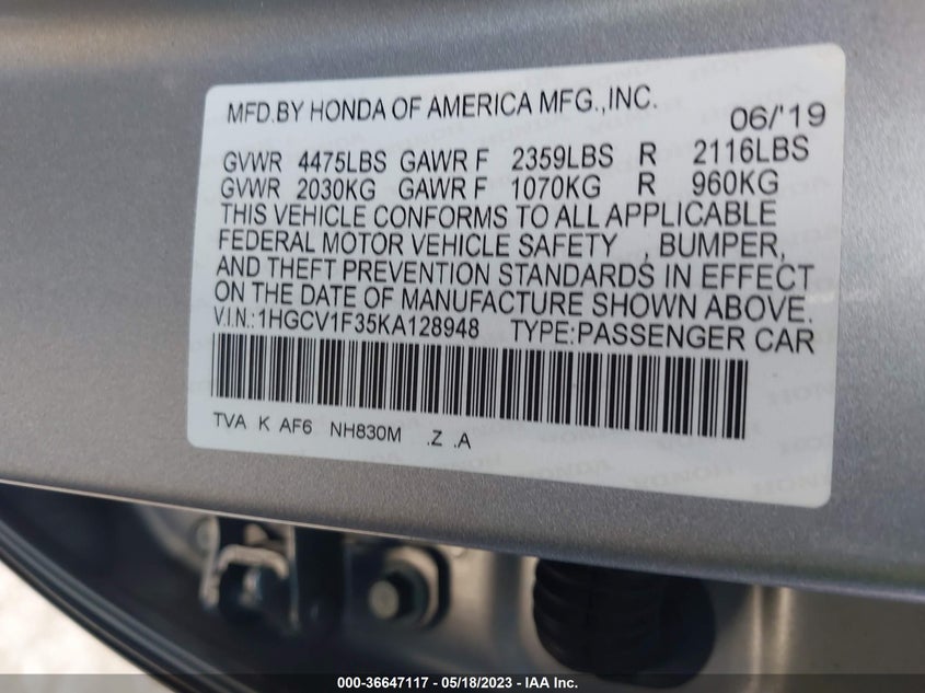 VIN 1HGCV1F35KA128948 2019 HONDA ACCORD SEDAN SPORT 1.5T