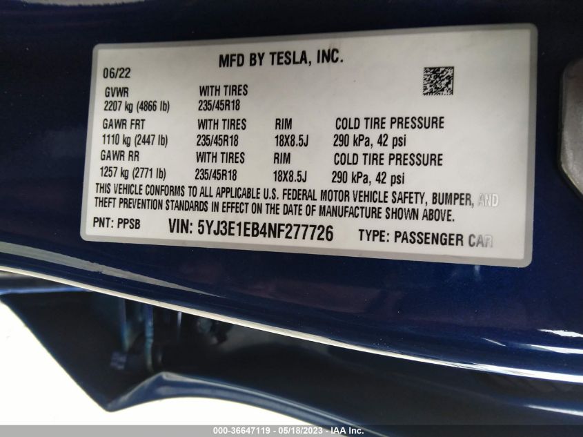 2022 TESLA MODEL 3 LONG RANGE - 5YJ3E1EB4NF277726