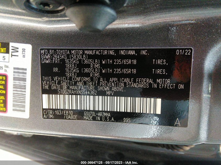 2022 TOYOTA HIGHLANDER XLE - 5TDGZRAHXNS544362